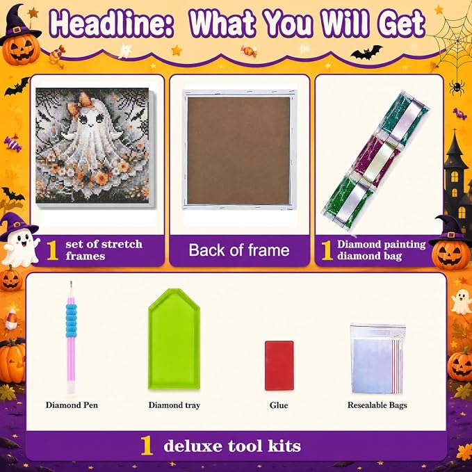 Ghost Diamond Art Kits for Adults with Frame,Halloween Diamond Painting Kit