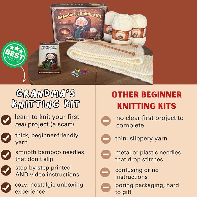 MaconGoods Grandma's Knitting Kit - Longer Scarf Kit - Complete Knitting Kit for Beginners - Includes Beginner Yarn, Bamboo Needles, Video Tutorial & Guide - Easy to Learn Knit Kit