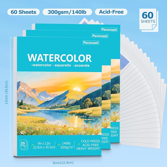 Pacocoast 9"x12" Cold Press Watercolor Paper Pad, 3Pack, Glue Bound, Teal
