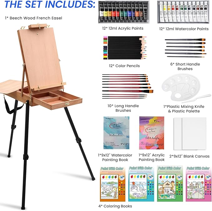 Falling in Art 63 Piece All-in-One Artist Painting Set with French Easel | Art Supplies Starter Kit for Professional Artists with Watercolor & Acrylic Paint Set, Canvas, Paintbrushes for Beginners