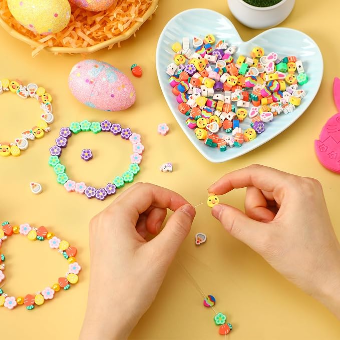 Augshy 300pcs Easter Polymer Clay Beads: Bunny, Chick, Egg, Carrot, Flower Shapes - Round, Assorted Easter Colors for Bracelet, Necklace, Jewelry Making