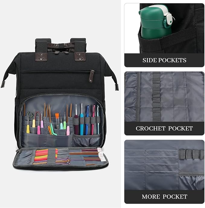 Knitting Bag Backpack Yarn Storage Organizer Travel Bag with USB Charging Port, Tote Bag Holder for Knitting Needles, Crochet Hooks, Accessories - Black