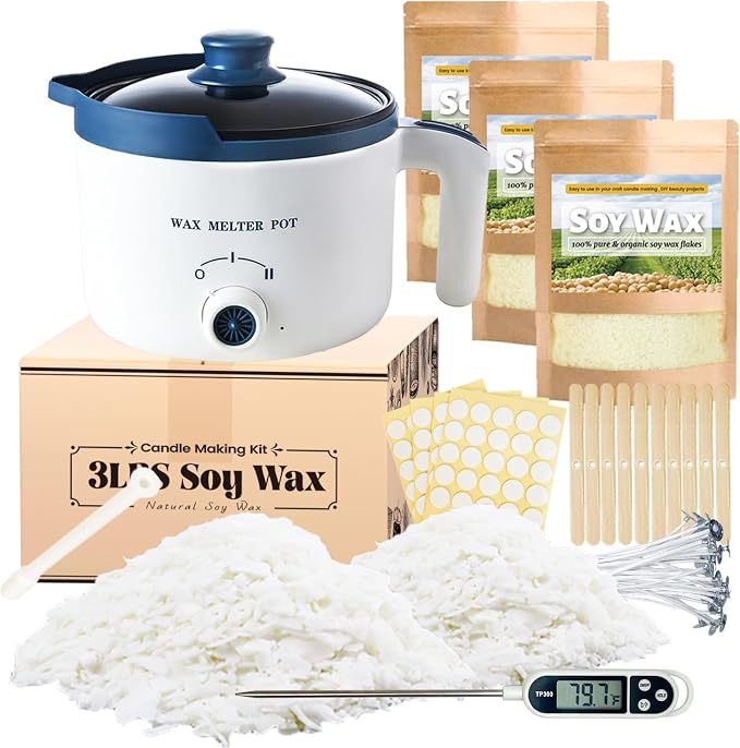 3lbs Soy Wax Melt Making Kit with Electric Wax Melting Pot | soy wax melter kit includes natural soy wax flakes, an electric wax melter, a thermometer, and wicks
