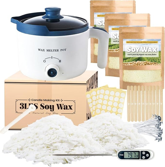 3lbs Soy Wax Melt Making Kit with Electric Wax Melting Pot | soy wax melter kit includes natural soy wax flakes, an electric wax melter, a thermometer, and wicks
