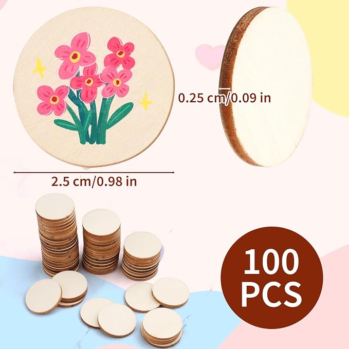 100 Pack Unfinished Wood Circles - 1 Inch Natural Round Wood Slices, Small Wooden Crafts Cutouts Circle Ornaments, Blank Wooden Kit for Painting, Writing, DIY Supplies, Engraving & Carving