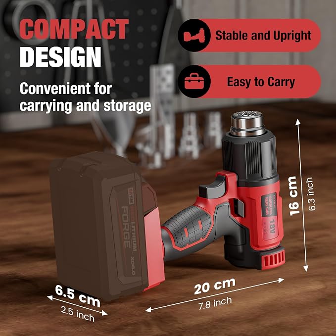 Cordless Heat Gun for Milwaukee M18 Battery, 7Pcs Nozzles&Scraper, LED Light, 350W Fast Heating Soldering Hot Air Gun, 2-Temp Setting Max 990℉(532℃), Heat gun for Shrink Tubing, Crafts (Tool Only)