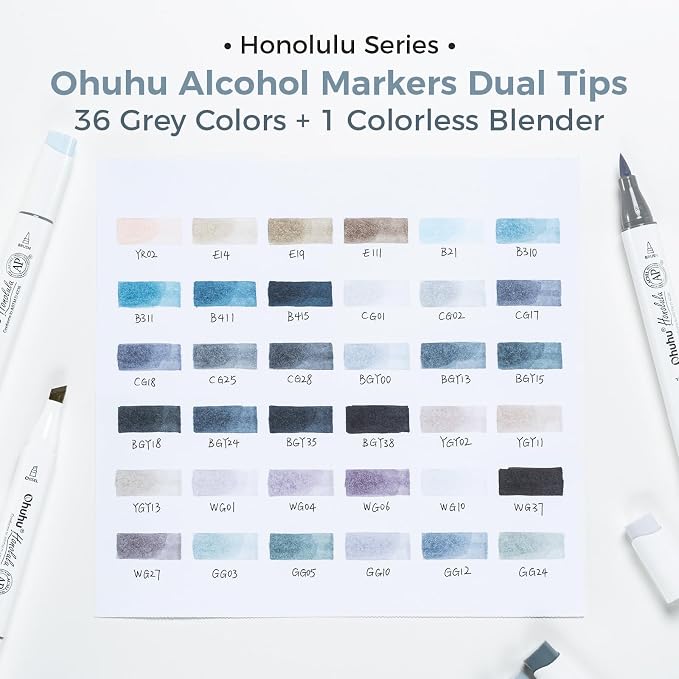 Ohuhu Alcohol Markers Brush Tip Grey-tone-Dual Tips Alcohol Based Art Marker Set for Artist Adults' Coloring Illustration Shading-36 Grayscale Colors w/ 1 Blender-Fine&Brush-Honolulu B (Chisel&Brush)