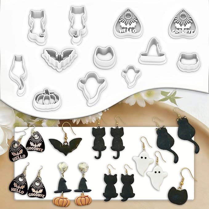 12 Pcs Halloween Black Cat & Spooky Shape Polymer Clay Cutters Set - Earring Making Imprint Cutters, Fit Gift for Friends, Sisters & Minimalist Style Lovers
