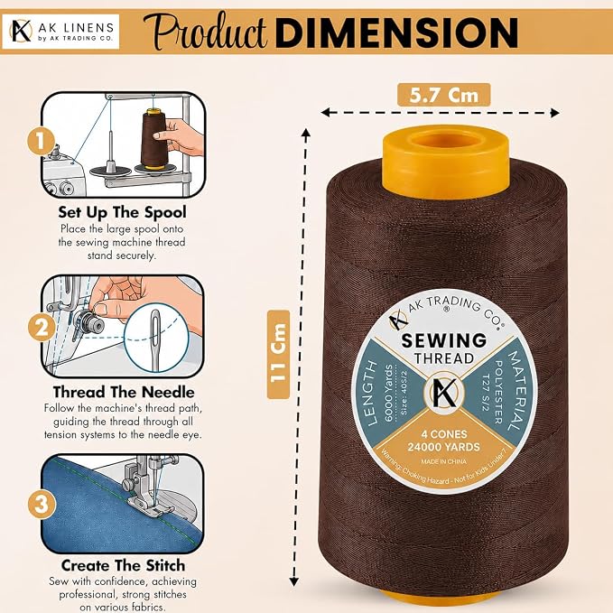 AK TRADING CO. 4-Pack Brown All Purpose Sewing Thread Cones (6000 Yards Each) of High Tensile Polyester Thread Spools for Sewing, Quilting, Serger Machines, Overlock, Merrow & Hand Embroidery