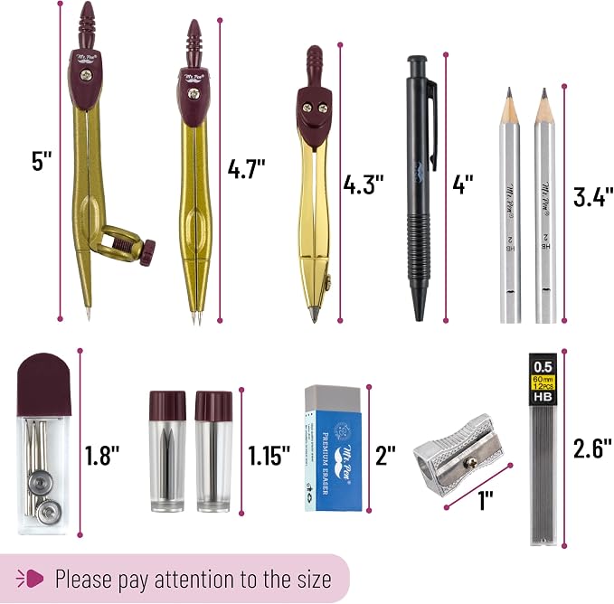 Mr. Pen- Geometry Set, 15 pcs, Gold, 6 Inch Swing Arm Protractor, Divider | Set Squares, Ruler, Compasses and Protractor