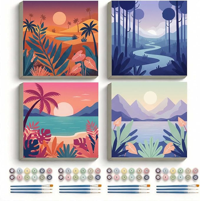 Amphol 4 Pack Framed Paint by Numbers Kit for Adults - Easy Landscape Silhouettes DIY Acrylic Paint by Number on Framed Canvas for Beginners, Relaxing Arts, Great for Home Wall Decor Gift 10"x10"