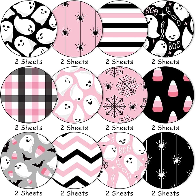 JarThenaAMCS 24 Sheet Halloween Little Boo Pattern Paper Black Pink Ghost Spider Bat Scrapbook Specialty Paper Double Sided Craft Papers for DIY Card Making Photo Album Decor, 6 x 6 Inch
