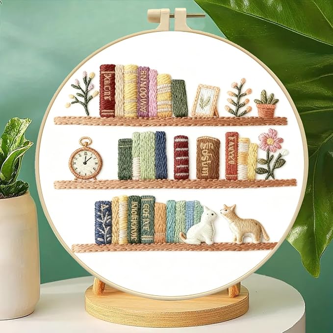 Zhenqing Book Lover Embroidery Kit for Beginners, Cozy Bookshelf Needlework Craft with Pre-Printed Cotton Fabric, Hoop, Threads & Tools, Reading Nook Decor (C0207)