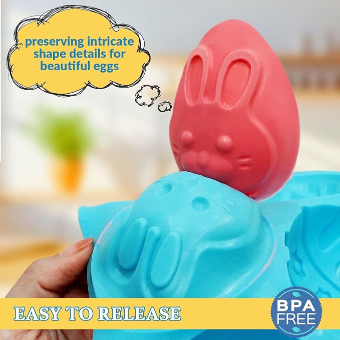 Egg Shape Silicone Molds 3.5 Inch, 2-Pack Chocolate Baking Holiday Easter Mould, Non-Stick BPA Free, Kid-Friendly Soap Mold Rabbit & Floral Designs, Blue & Pink