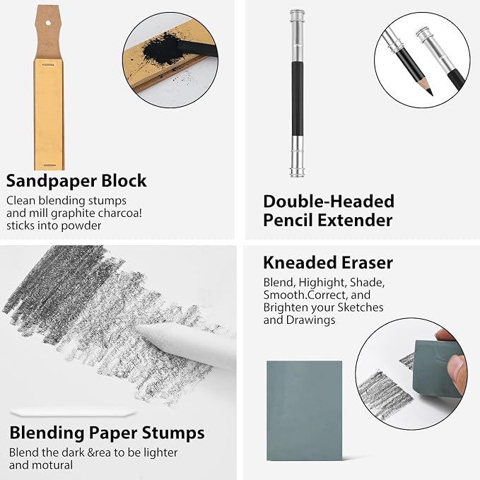Drawing Sketching Pencil Set, 22 Pcs, Graphite Pencils (10B-6H) | Art Pencil Kit with Black and White Charcoal Pencils, Charcoal Sticks, Stumps, Eraser, Sharpeners, Sketch Set for Artists