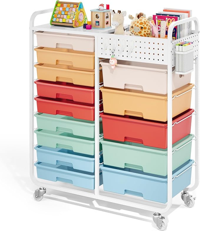 14 Drawer Rolling Storage Cart with Tabletop and Pegboard for Craft Color | Easy Setup, Large Capacity, Sturdy Build, Smooth Mobility, For classroom, office and dorm supplies