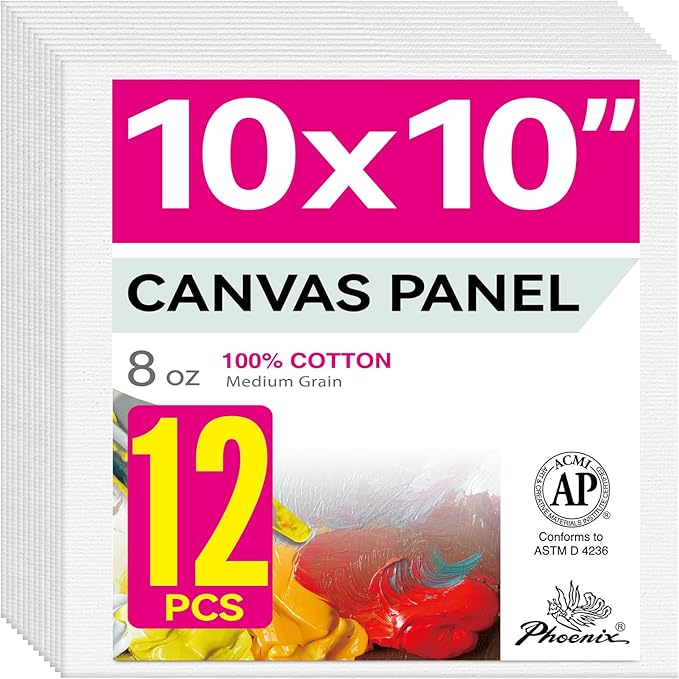 PHOENIX Painting Canvas Panels 10x10 Inch, 12 Value Pack - 8 Oz Triple Primed 100% Cotton Acid Free Square Canvas Boards for Painting, White Blank Flat Canvas Boards for Acrylic, Oil Paints