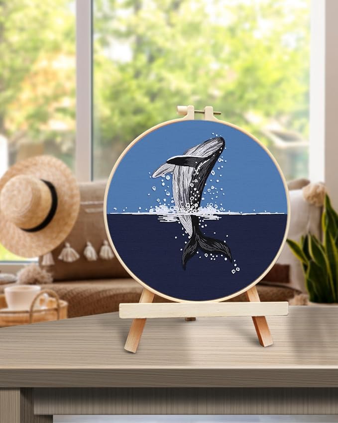 TINDTOP Embroidery Kit for Beginners Adult, Whale Embroidery Practice Kit | Include Embroidery Cloth Hoops Threads for Craft Lover Hand Stitch with Embroidery Skill Techniques