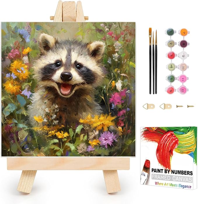 AUKELHJ Framed Paint by Numbers Kit for Adults, Raccoon, 10x10 inch