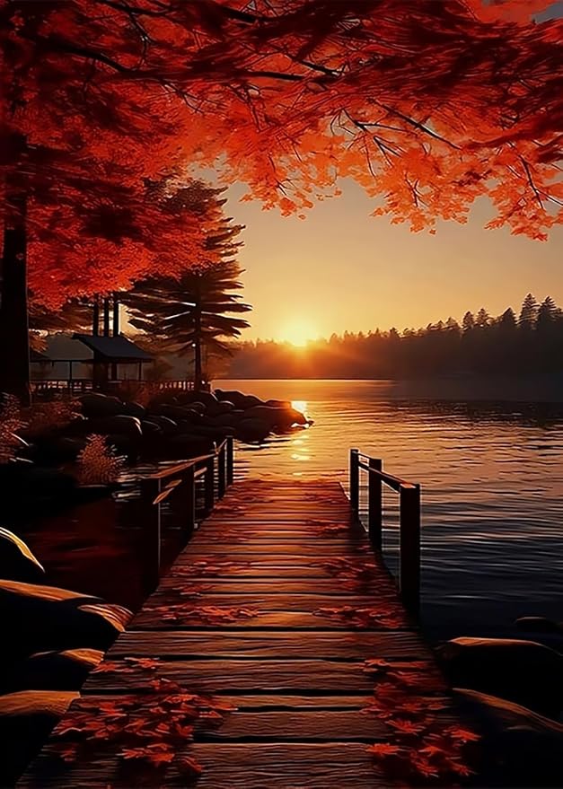 LKHMVCA Fall Landscape Bridge Leaf Paint by Number Kits for Adults, DIY Paint by Numbers Kits for Adults Beginners Without Frame, Acrylic Paint Canvas Painting Kits Art for Home Decor 16x20 Inch