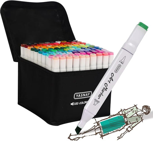 YASNAY Alcohol Markers 100 Colors Dual Tip Fine & Chisel Art Markers Set | Confirm to ASTM D4236 Refillable Permanent Alcohol Based Markers Set for Artists Beginners Drawing Illustration Sketching