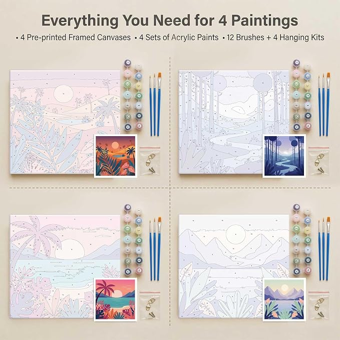Amphol 4 Pack Framed Paint by Numbers Kit for Adults - Easy Landscape Silhouettes DIY Acrylic Paint by Number on Framed Canvas for Beginners, Relaxing Arts, Great for Home Wall Decor Gift 10"x10"