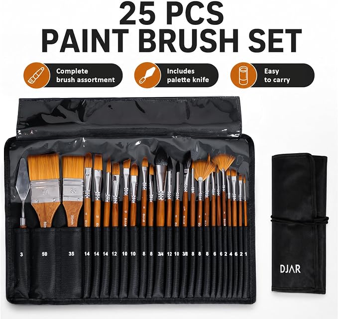 DJAR 25 Pcs Multi-Shape Nylon Paint Brush Set with Cloth Roll Bag