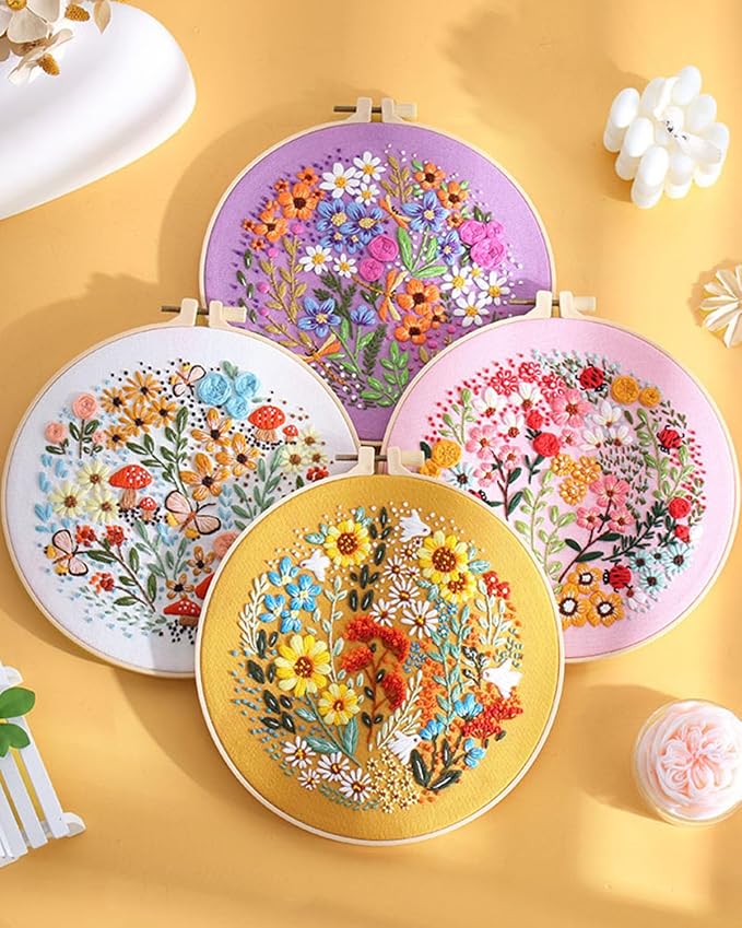 ERKOON 4 Sets Embroidery Kit for Beginners,Hummingbird and Flower Cross Stitch Set for Include Embroidery Cloth Hoops Threads for Craft Lover Hand Stitch (Flower)