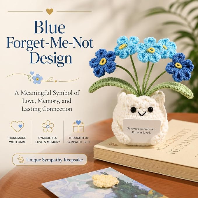 Handmade Crochet Forget Me Not Flower Pot Sympathy Gifts for Loss | Grief Support Gift, PET gift box, Meaningful Blue Forget Me Not Flower, Memorial Gift, Home & Desk Decor Gift Idea
