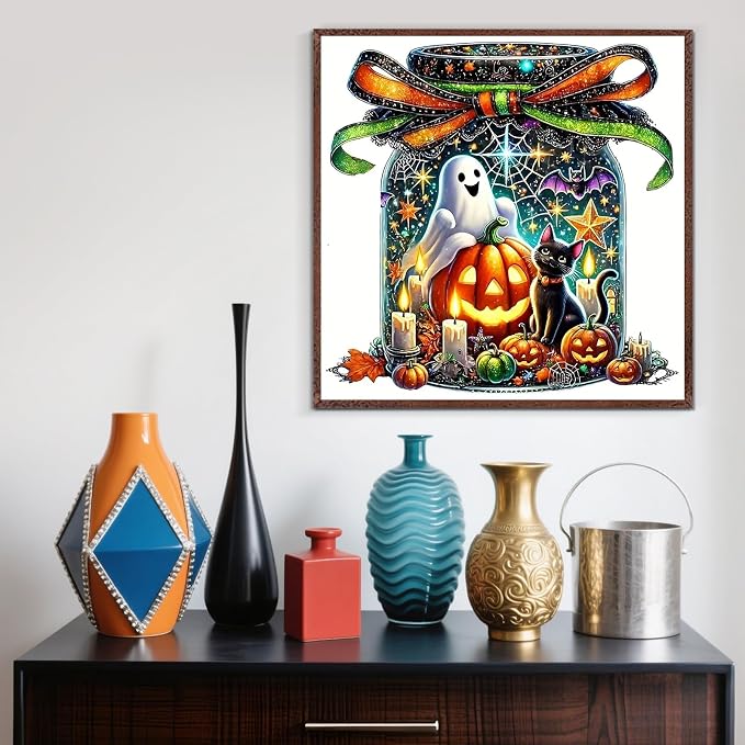 LKHMVCA Halloween Ghost Cat Pumpkin Paint by Numbers Kit for Adults, DIY Paint by Numbers Kits for Adults Beginners Without Frame, Acrylic Paint Canvas Painting Kits Art for Home Decor 16x16 Inch
