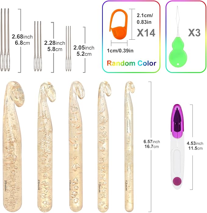 Vodiye 5 Sizes Large Crochet Hooks 12mm-25mm, Ergonomic Crochet Hook Set, Transparent Hooks for Chunky Yarn and DIY Crafts
