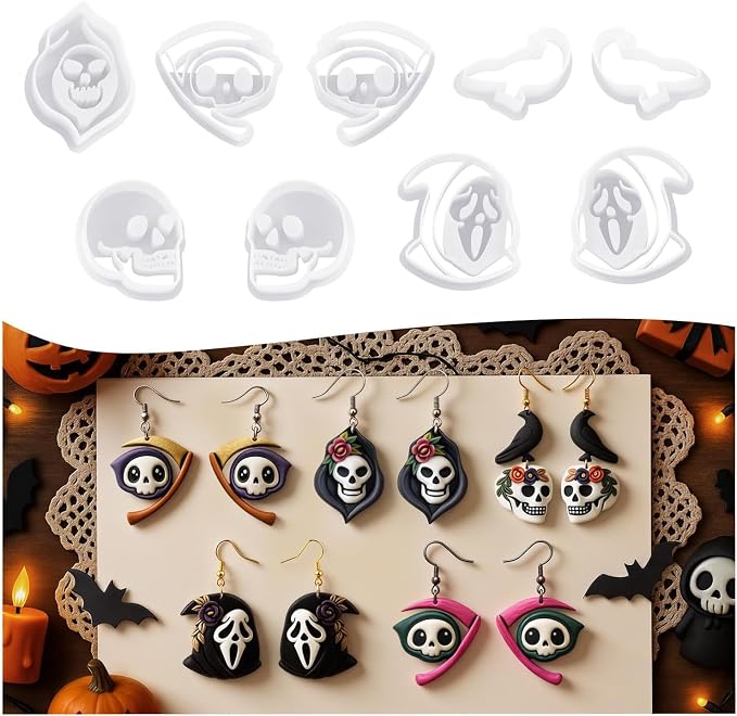 9pcs Halloween Horror Polymer Clay Cutters - Skeleton/Masked Ghost/Skeleton Crow/Demon Scythe, Ideal for April Fools' Day Earrings & Jewelry Making Supplies