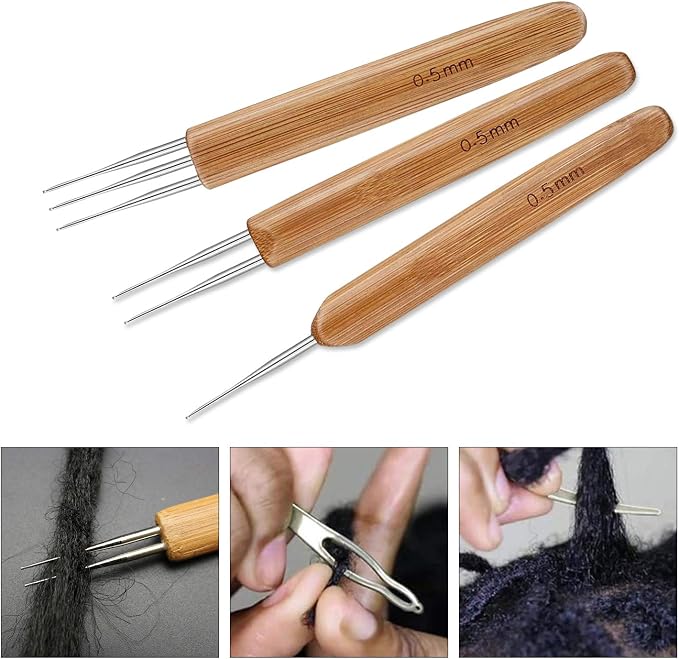 AUGSUN Dreadlock Crochet Hook Tool 0.5mm Hair Crochet Needle for Locs | 3 Dreadlocks Needle, 2 Locking Tool, Bamboo and Stainless Steel, Hair Braid Craft DIY, Dreadlock Locs Weaving Hair Extension