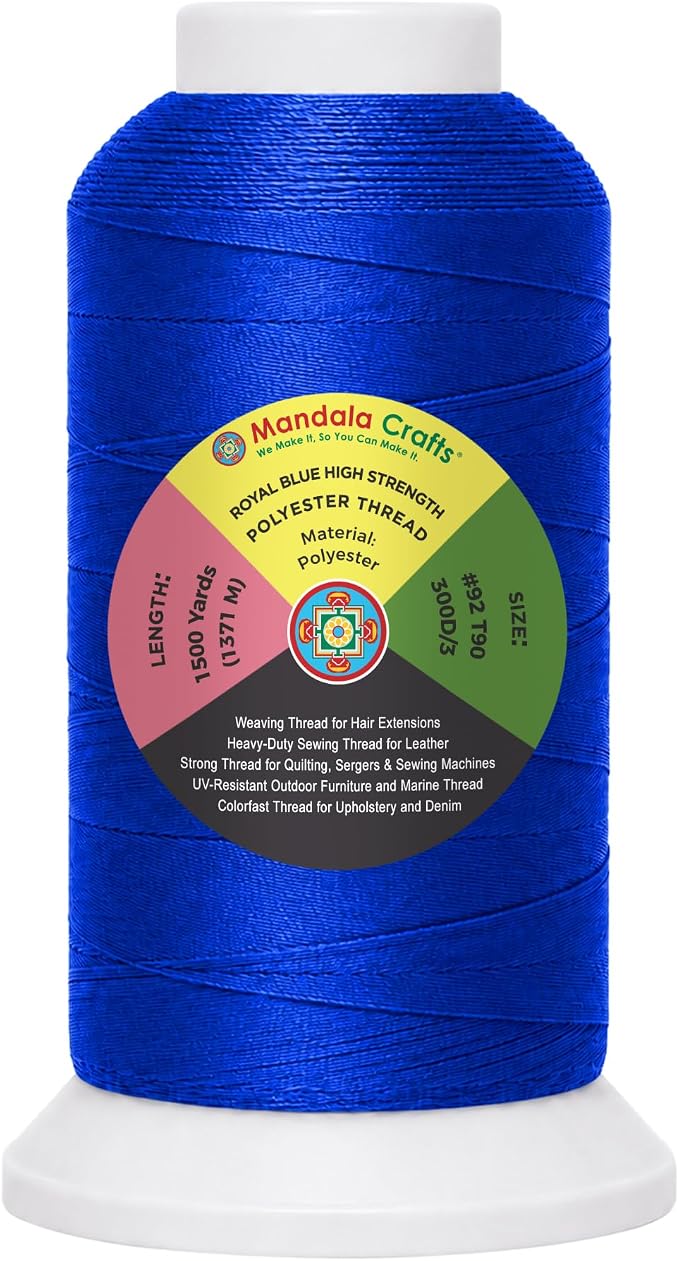 Mandala Crafts Royal Blue Tex 90 Polyester Heavy Duty Thread for Upholstery | 1500 Yds T90 UV Resistant Strong Thread for Leather Sewing, Marine, Drapery, Jeans, Hair Weaving & Extension, Outdoor