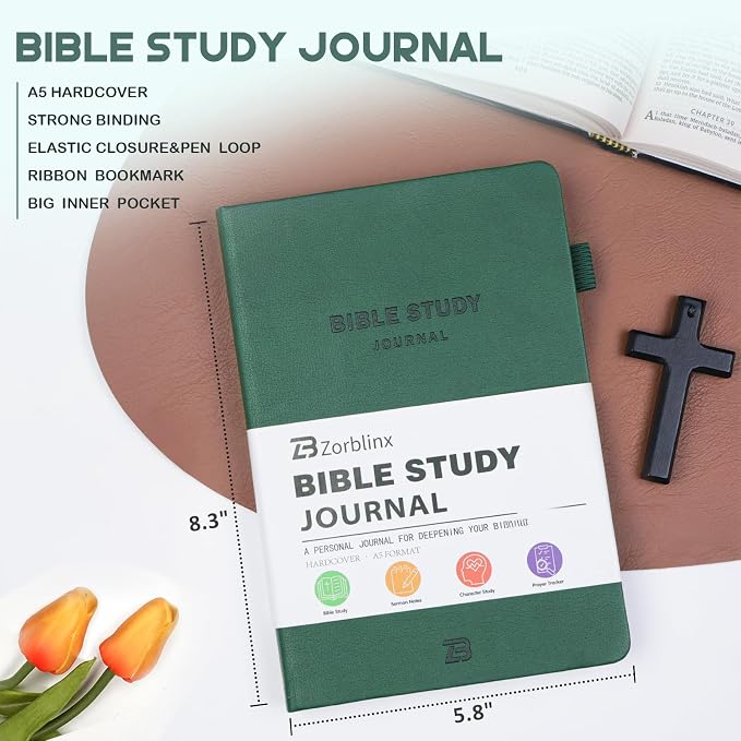 Bible Study Journal & Kit for Women - Christian Prayer Notebook with Sermon Notes | Bible Study Supplies, Devotional Workbook, Verse Tracker & Reflection Log | Premium Leather Cover Gifts, Pine Green