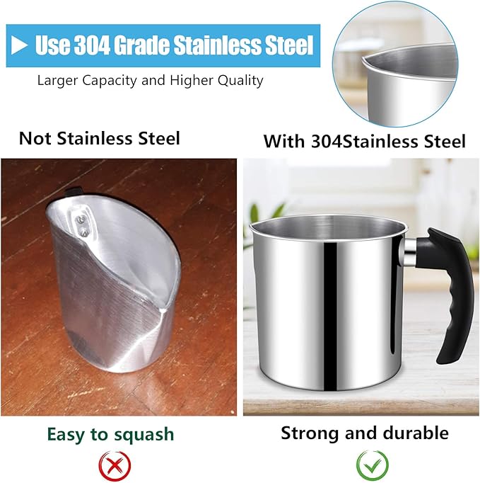 DINGPAI Candle Making Pouring Pot, 44oz Double Boiler Wax Melting Pot | 304 Stainless Steel Candle Making Pitcher & Spoon, Silver Color, Heat-Resistant Handle and Dripless Pouring Spout Design