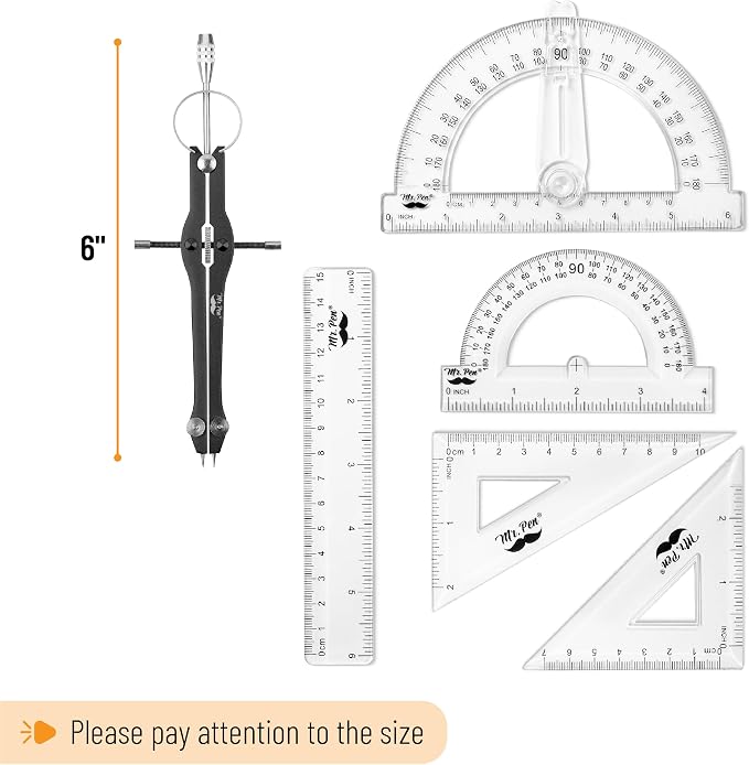 Mr. Pen- Geometry Set, 15 pcs, Black, 6 Inch Swing Arm Protractor, Divider | Set Squares, Ruler, Compasses and Protractor