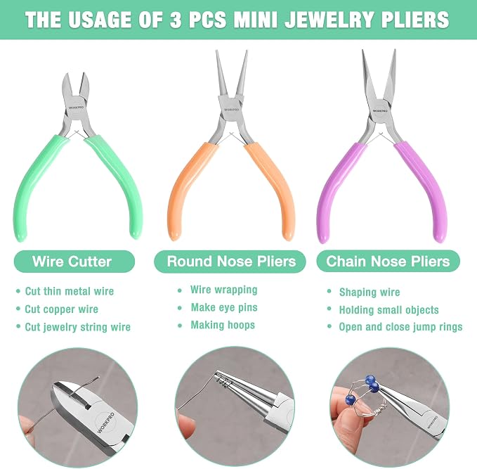 WORKPRO Jewelry Pliers Set, 3-Piece Mini Jewelry Tool Kit | Needle Nose Plier/Chain Nose Plier, Round Nose Pliers & Wire Cutter for Jewelry Making, Beading & Wire Wrapping