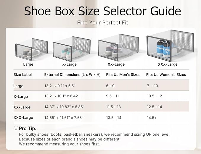 Kuject XXX-Large Shoe Storage Boxes 12 Pack, Clear Stackable Shoe Organizer