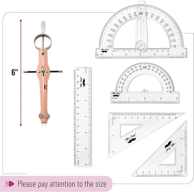 Mr. Pen- Geometry Set, 15 pcs, Rose Gold & Pink | 6 Inch Swing Arm Protractor, Divider, Set Squares, Ruler, Compasses and Protractor