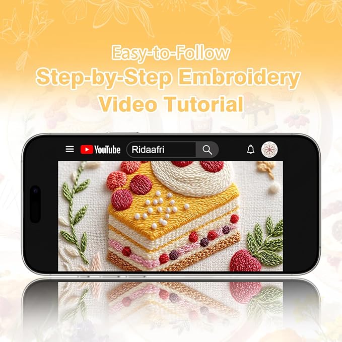 RidaaFri Embroidery Kit for Beginners, 3PC Starter Set Cake Fruit Patterns | Adult Stamped Hand Embroidery Craft Includes Hoop Needles Floss Step-by-Step Guide, DIY Complete Sewing Supplies Cross Stitch