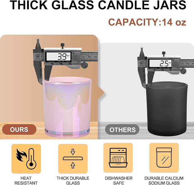 SHOWIN Thick Candle Jars for Making Candles 12 Pcs, 14 OZ Empty Jars with Wood Lids for Candle Making, Sample Container, Glitter Pink