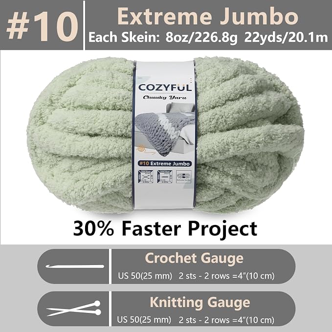 Cozyful Chunky Yarn for Hand Knitting - #10 Chunky Chenille Yarn, Jumbo Big Thick Chunky Yarns for Crocheting, Super Bulky Chunky Knit Blanket Yarns, 8 Skein (22 yds 8 oz Each Skein), Sage Green