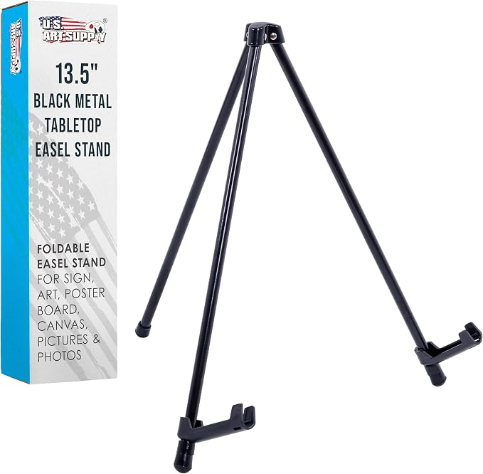 U.S. Art Supply 13.5" Black Metal Tabletop Easel Stand, Foldable