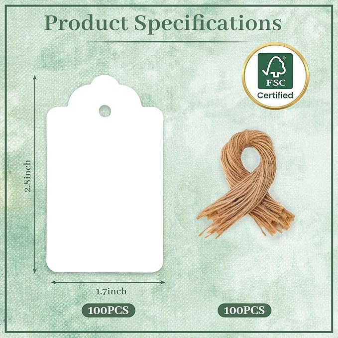 SallyFashion 100 PCS Gift Tags with String Attached, Kraft Paper Hang Tags | 1.7X2.8 inch, Paper Hang Tags for Clothes DIY, Crafts Wedding Holiday (White)