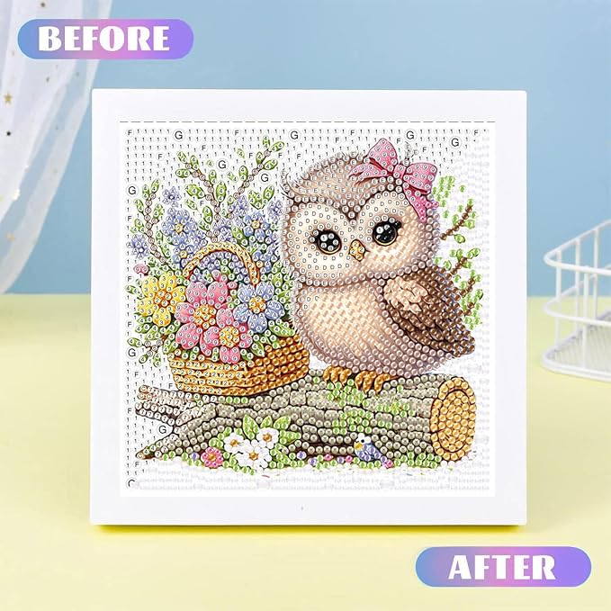 Ajepon Owl Diamond Art Kit for Kids, Ages 8-12, 7x7 Inch, Modern Style, Crystal Diamonds, Includes Canvas, Frame, Tools, Non-Foldable