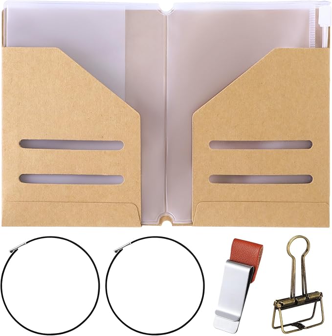 Mooliwe 1 Pack Travelers Journal Notebook Accessories Kit, Passport Size | Kraft File Folder, Zipper Case, Pen Holder, Binder Clip and Elastic Bands, Refillable Insert Organizer for Travel Journals