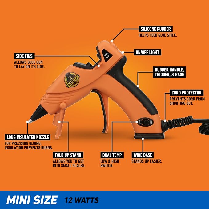 Gorilla Hot Glue Gun, Dual Temp, Mini Size, Easy Squeeze Trigger