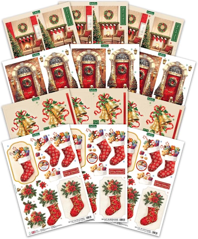 Katy Sue Deck The Halls Die-Cut Decoupage Pack. 12 Pre-Cut Die-Cut Decoupage Sheets for Christmas Card Making Supplies & Card Toppers Featuring Christmas Stocking, Jingle Bells & Holiday Scenes
