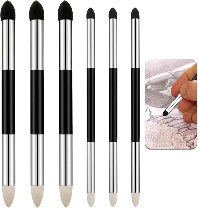 6pcs Artist Blending Sponge Pen Dual Tip Drawing Art Oil Soft Pastel Blending Tools Reusable Washable Sketch Rubbing Sponge Brush for Artist Professional Sketch Drawing Blending Lightening